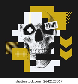 Brutalist style abstract collage with halftone skull and geometric shapes. Postmodern style graphics. EPS10 vector.
