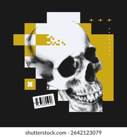 Brutalist style abstract collage with halftone skull and geometric shapes. Postmodern style graphics. EPS10 vector.