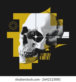 Brutalist style abstract collage with halftone skull and geometric shapes. Postmodern style graphics. EPS10 vector.