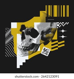 Brutalist style abstract collage with halftone skull and geometric shapes. Postmodern style graphics. EPS10 vector.