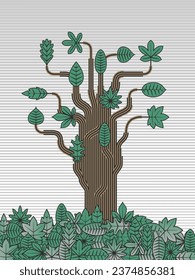 Brutalist style autumn tree with geometric leaves vector illustration
