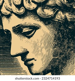 Brutalist style engraved poster featuring an antique head. Vector line pattern depicting a close-up.