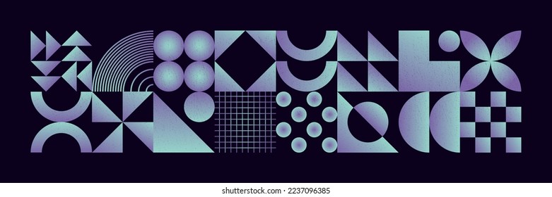 Brutalist style futuristic pattern with gradient geometric shapes, random forms and grain. Abstract vector background with simple figures for graphic design, web art, invitation card, poster, print