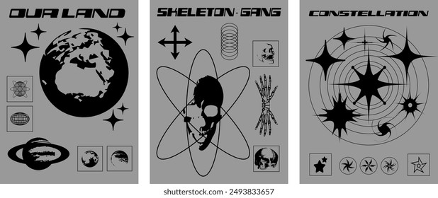 Brutalist style, futuristic, retro, art, icon, poster, skull, space, y2k, stars, abstract illustration