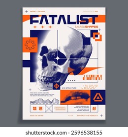 Brutalist style poster design. Halftone skull with abstract geometric shapes, bold typography, minimalist and bauhaus graphic symbols. Postmodern style. EPS10 vector.