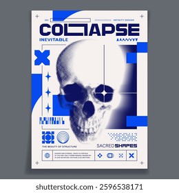 Brutalist style poster design. Halftone skull with abstract geometric shapes, bold typography, minimalist and bauhaus graphic symbols. Postmodern style. EPS10 vector.