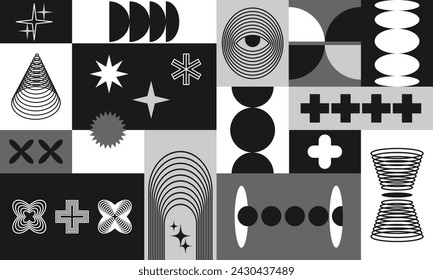 Brutalistischer Stil Vektor minimalistische Poster Hintergrund schwarz und weiß. Neo-Brutalismus-Druck mit einfachen Figuren und abstrakten grafischen geometrischen Elementen. Vektor-Illustration EPS 10