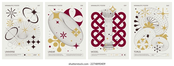 Brutalist style vector minimalistic Posters with strange wireframes graphic assets of geometrical shapes and silhouette basic figures, Modern color print artwork, set 15