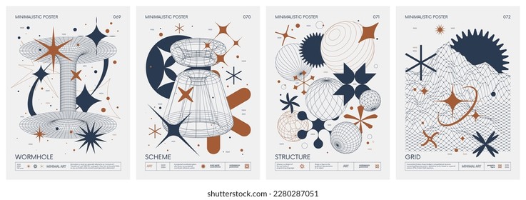 Brutalist style vector minimalistic Posters with strange wireframes graphic assets of geometrical shapes and silhouette basic figures, Modern color print artwork, set 18