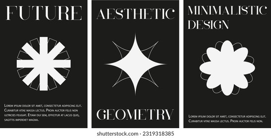 Brutalist style of vector minimalistic posters with silhouetted main figures of retro style, unusual graphic elements of composition of geometric shapes, modern vintage printed image.