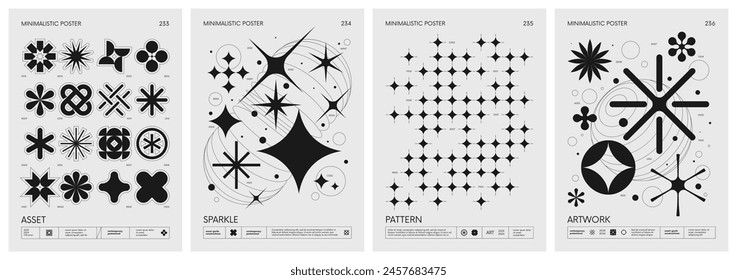 Brutalist style vector minimalistic Posters with silhouette basic figures, Retro futuristic graphic elements of geometrical shapes rave composition, Modern monochrome print artwork, set 59