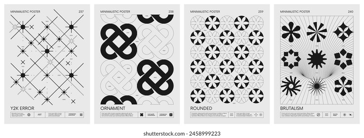 Brutalist style vector minimalistic Posters with silhouette basic figures, Retro futuristic graphic elements of geometrical shapes rave composition, Modern monochrome print artwork, set 60