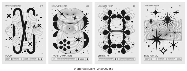 Brutalist style vector minimalistic Posters with silhouette basic figures, Retro futuristic graphic elements of geometrical shapes rave composition, Modern monochrome print artwork, set 63