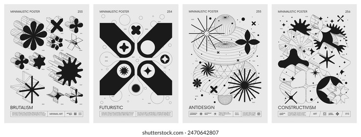 Brutalist style vector minimalistic Posters with silhouette basic figures, Retro futuristic graphic elements of geometrical shapes rave composition, Modern monochrome print artwork, set 64