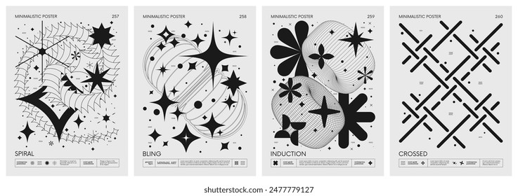 Brutalist style vector minimalistic Posters with silhouette basic figures, Retro futuristic graphic elements of geometrical shapes rave composition, Modern monochrome print artwork, set 65