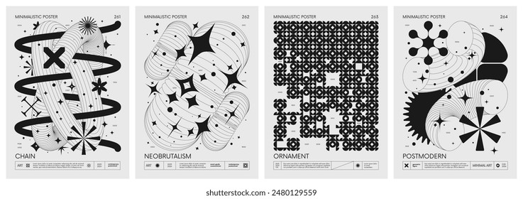 Brutalist style vector minimalistic Posters with silhouette basic figures, Retro futuristic graphic elements of geometrical shapes rave composition, Modern monochrome print artwork, set 66