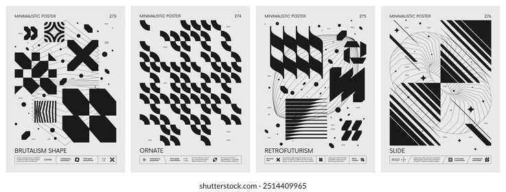 Vector de estilo brutalista minimalista Pósters con figuras básicas de silueta, Elementos gráficos futuristas retro de Formas geométricas rave composition, Obra de arte moderna con impresión monocromática, set 69