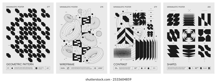 Vector de estilo brutalista minimalista Pósters con figuras básicas de silueta, Elementos gráficos futuristas retro de Formas geométricas rave composition, Obra de arte moderna con impresión monocromática, conjunto 70