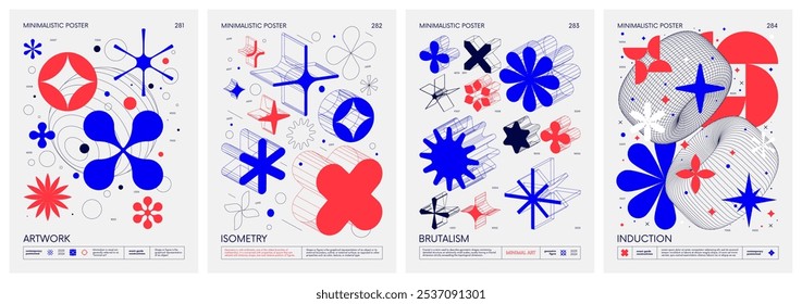 Vector de estilo brutalista minimalista Pósters con figuras básicas de silueta, Elementos gráficos futuristas retro de Formas geométricas rave composition, Obra de arte moderna con impresión monocromática, conjunto 71