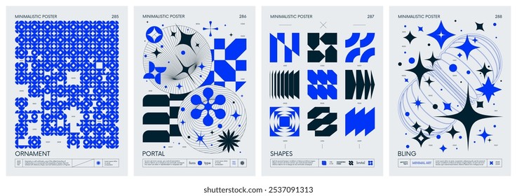 Brutalist style vector minimalistic Posters with silhouette basic figures, Retro futuristic graphic elements of geometrical shapes rave composition, Modern monochrome print artwork, set 72