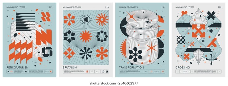 Vector de estilo brutalista minimalista Pósters con figuras básicas de silueta, Elementos gráficos futuristas retro de Formas geométricas rave composition, Obra de arte moderna de impresión monocromática, juego de colores 73