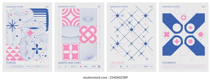 Brutalist style vector minimalistic Posters with silhouette basic figures, Retro futuristic graphic elements of geometrical shapes rave composition, Modern monochrome print artwork, color set 74