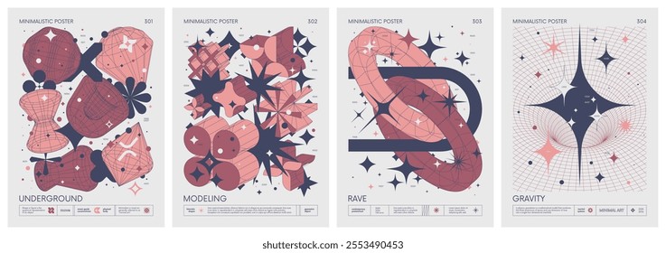 Brutalist style vector minimalistic Posters with silhouette basic figures, Retro futuristic graphic elements of geometrical shapes rave composition, Modern monochrome print artwork, color set 76