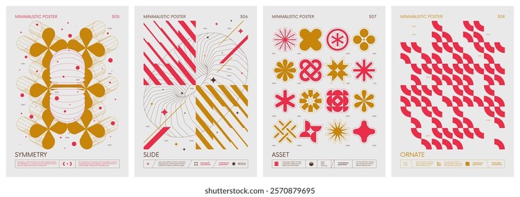 Brutalist style vector minimalistic Posters with silhouette basic figures, Retro futuristic graphic elements of geometric shapes rave composition, Modern color print artwork, set 77