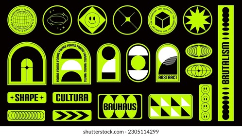 Brutalist Swiss Futuristic Geometric Shape Neon Stickers. Y2K aesthetics labels with basic figures, smiles. Vector illustration elements