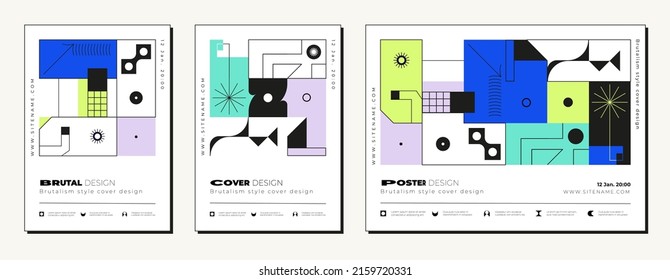 Brutalist vertical covers, brutalist posters. Set of abstract geometric futuristic figures with a thin line, modern shapes and objects. Vector illustration. Vector illustration