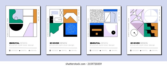 Brutalist vertical covers, brutalist posters. Set of abstract geometric futuristic figures with a thin line, modern shapes and objects. Vector illustration. Vector illustration