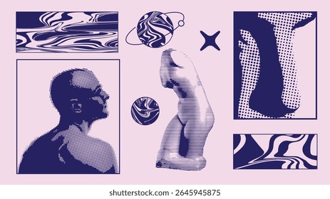 Colagem visual brutalista com escultura de meio-tom, planetas em órbita e elementos fluidos marmoreados. Conceito de ilustração editorial em cultura, publicações de design