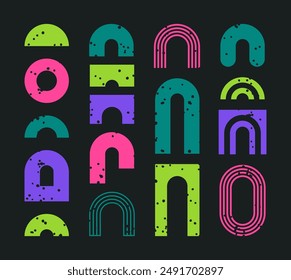 Brutalist y2k arch shapes. Abstract geometric figures, arch, oval and rainbow shapes, contemporary Y2K design shapes flat vector illustration set. Bauhaus aesthetic elements bundle
