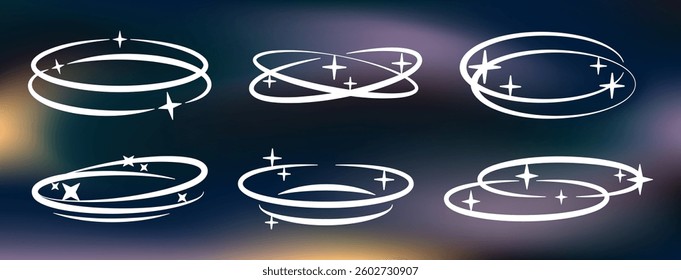 Brutalist y2k ellipse frames. Abstract oval shapes with stars and sparkles, minimalist Y2K frames flat vector illustration set. Old school aesthetic elements