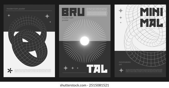 Conjunto de carteles brutalistas Y2K con Formas y túneles geométricos de líneas de cuadrícula. Fondo futurista o Anuncios minimalistas de forma simple de los años 90 con Elementos mínimos abstractos, figuras monocromáticas de línea de los años 60. Vector