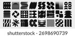 Brutalist y2k shape collection with abstract geometric elements in black and white. Vector set of circles and zigzags, stripes and spirals, wavy lines and brutalism inspired forms for modern design.