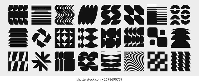 Coleção de formas y2k brutalistas com elementos geométricos abstratos em preto e branco. Conjunto vetorial de círculos e ziguezague, listras e espirais, linhas onduladas e brutalismo inspiraram formas para o design moderno.
