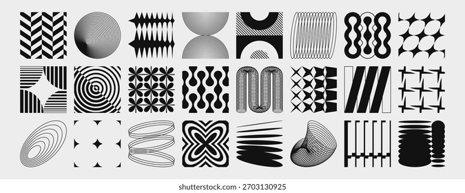 Brutalist y2k shape collection with abstract geometry elements and vector icons. Monochrome design symbols and bold patterns, concentric circles and zigzags, wavy lines and grids for modern graphic.