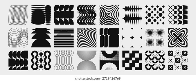 Colección brutalista de forma y2k con Elementos geométricos abstractos en blanco y negro. Vector conjunto de círculos y zigzags, rayas y espirales, líneas onduladas y brutalismo inspirado formas para el diseño moderno.