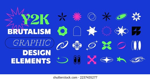 Brutalist Y2K shapes, abstract design elements. Constructor of trendy geometric postmodern figures. Vector illustration of brutalist contemporary stars. Primitive bauhaus elements