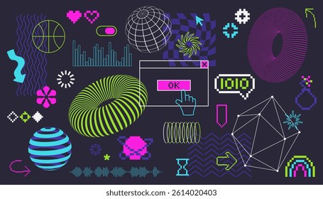 Brutality style set. 3D shapes, abstract geometric elements, 8-bit objects, u2k symbols. Retro futurism design. Cyberpunk style. Vaporwave aesthetic