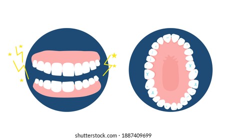 Bruxism disease concept.Human jaw top and front view.Dental and orthodontic treatment.Oral hygiene and care.Clinic advertisement poster.