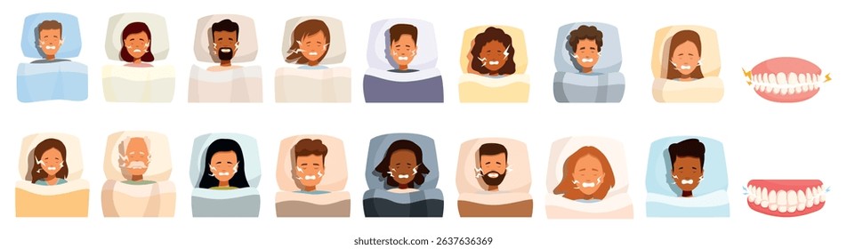 Bruxism icons set. People sleeping and grinding teeth because of bruxism, shown with a set of teeth