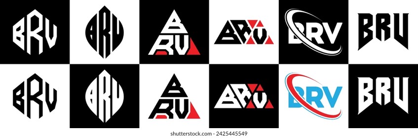 BRV letter logo design in six style. BRV polygon, circle, triangle, hexagon, flat and simple style with black and white color variation letter logo set in one artboard. BRV minimalist and classic logo