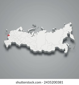 Bryansk region highlighted in red on a grey Russia 3d map