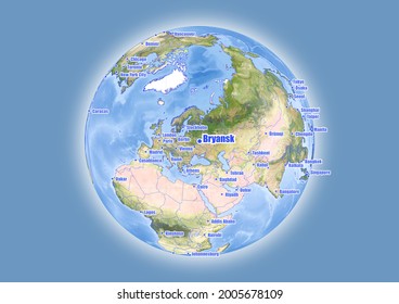 Bryansk-Russia is shown on vector globe map. The map shows Bryansk-Russia 's location in the world.