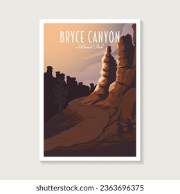 Dibujo del afiche del Parque Nacional del Cañón Bryce, Perros Prairie en el hermoso diseño de afiches de paisajes de cañón