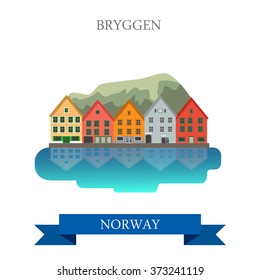 Bryggen in Norway. Flat cartoon style historic sight showplace attraction web site vector illustration. World countries cities vacation travel sightseeing collection.