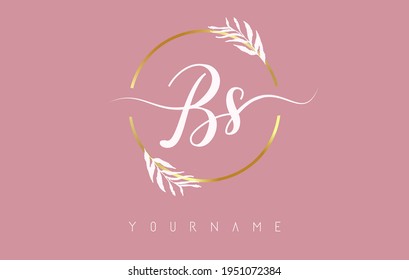 BS b s Letters logo design with golden circle and white leaves on branches around. Vector Illustration with B and s letters for personal branding, business, eco friendly or natural products. 