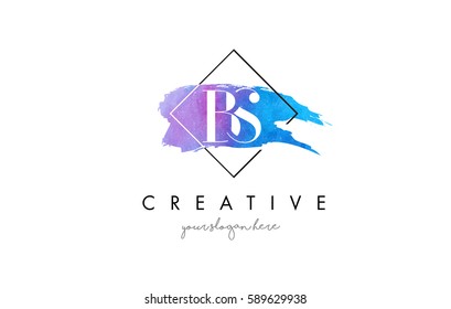BS Watercolor Letter Brush Logo. Artistic Purple Stroke with Square Design.